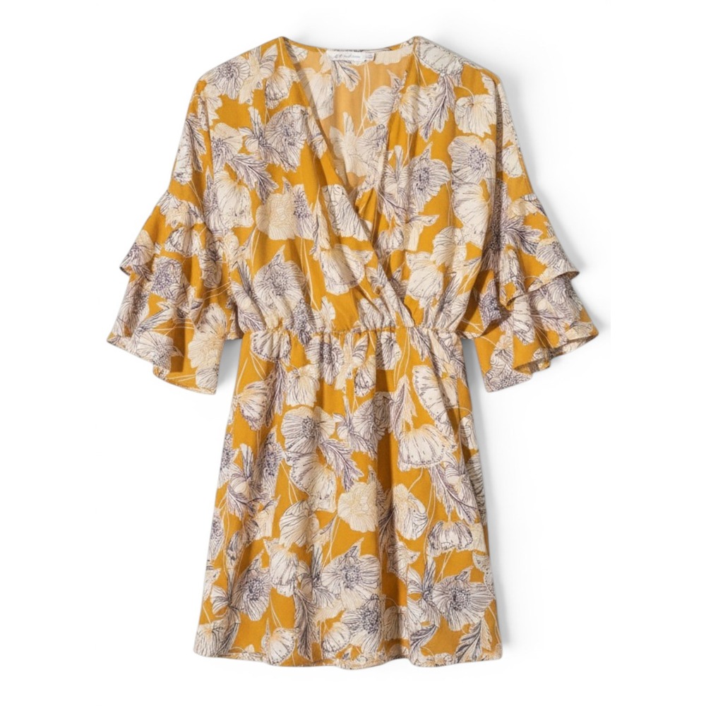 All in Favor Floral Ruffle Sleeve Mini Dress Women L Cottagecore Boho Yellow